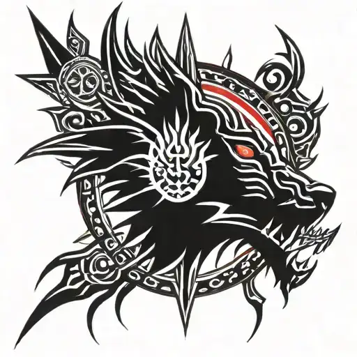 A Crown Made Of Swords With A Wolf Emblem Surrounded With Red Eyes