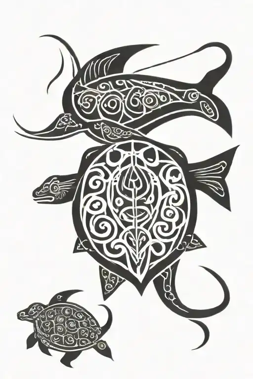 Sting Ray With Turtle Swimming