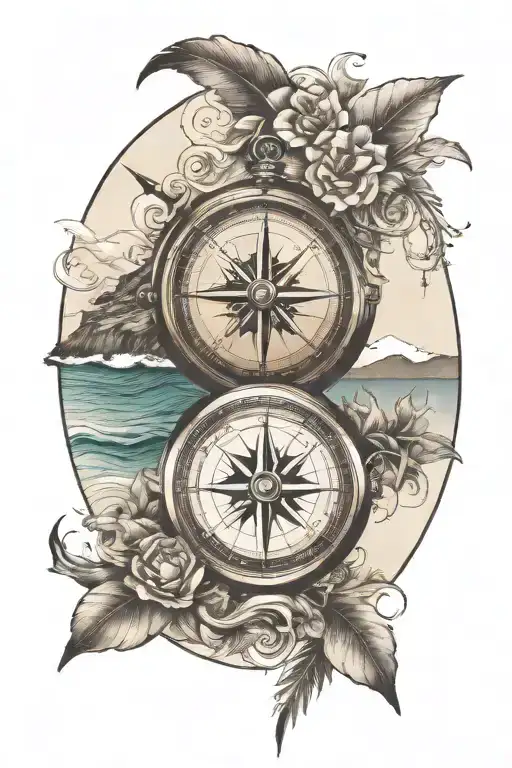 Create A Tatto With A Realistic Compass Surrounded By Sea And Mountains With Waves No Flowers