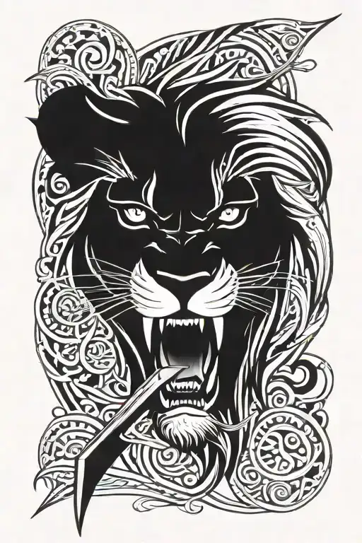 Lion Skull Sword In Closed Mouth