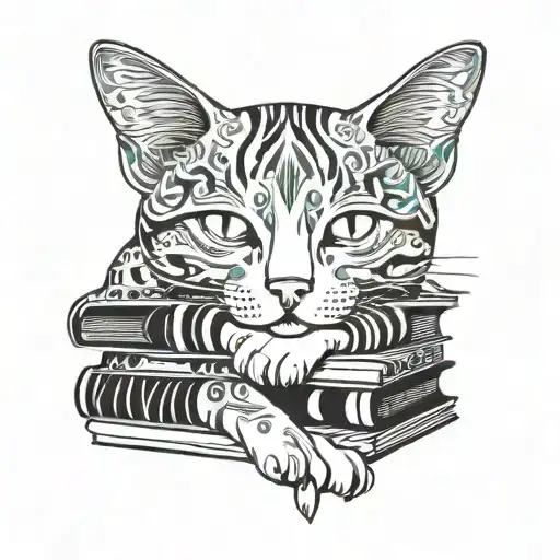 Cat Asleep On Stack Of Books Surrounded