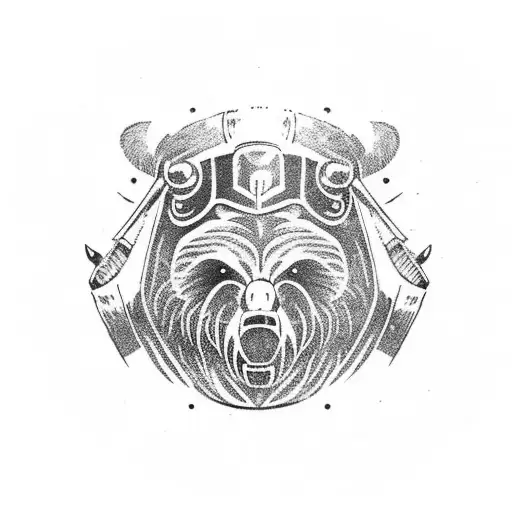 Growling Grizzly Bear Wearing Viking Helmet