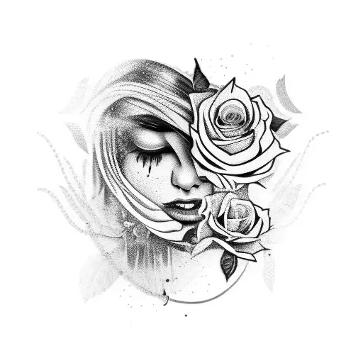 Broken Crying Woman With Dying Roses Around Her