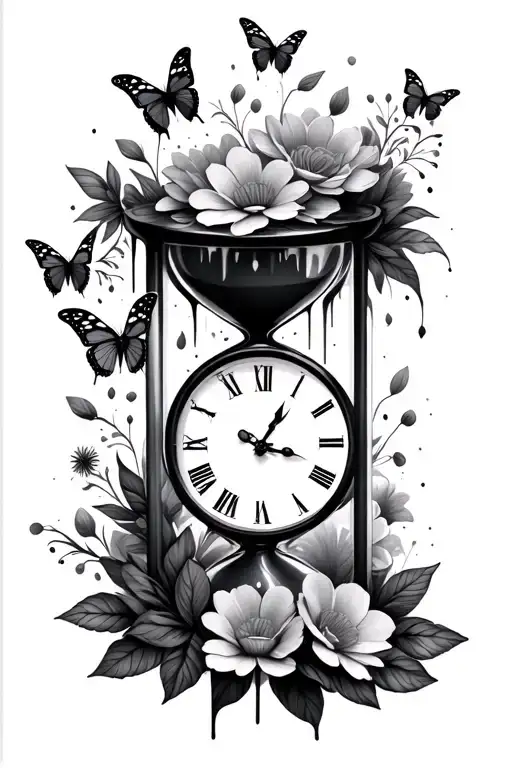 Hour Glass With Clock Face Melting With Flowers And Butterflies