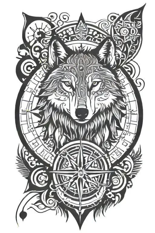 Wolf In Compass With Scandinavian Symbols