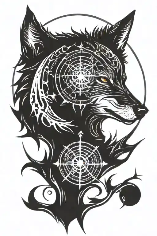 Wolf With Compass And Moon And Thorns