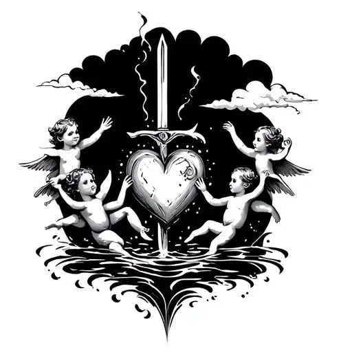 A Heart With A Sword With Baby Angels Falling With A Cloud A Around A Water Fall