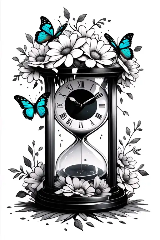 Hour Glass With Clock Face Melting With Flowers And Butterflies