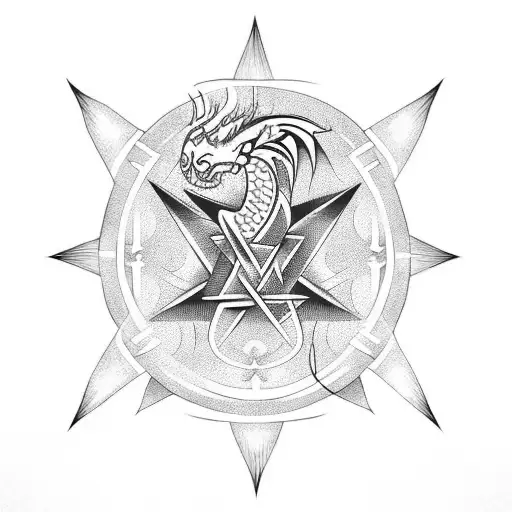 Magic Dragon With Pentagram On Right Arm