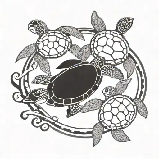 2 Sea Turtles A Baby Sea Turtle And A Dult Sea Turtle Swimming Together With A Circle Around Them