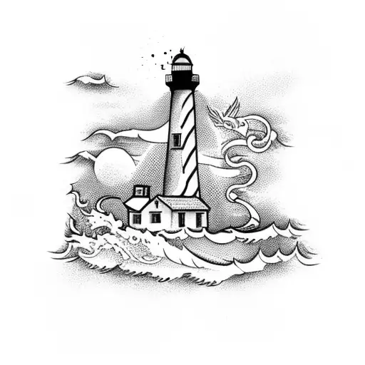 Lighthouse With Crashing Waves And A Dragon Crawling