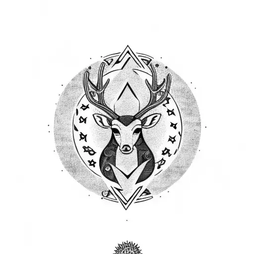 Triple Moon In Black With A Flower Under It And A Tribal Abstract Deer