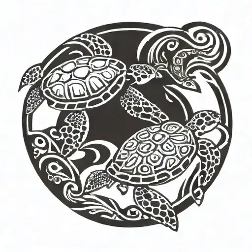 2 Sea Turtles A Baby Sea Turtle And A Dult Sea Turtle Swimming Together With A Circle Around Them