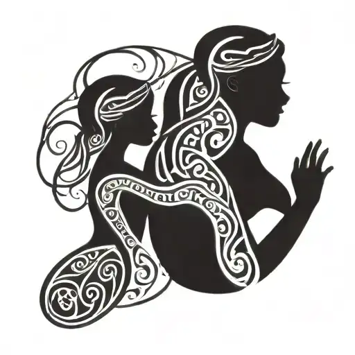 Tribal Fusion Design Featuring A Mother And Daughter Silhouette Intertwined With Tribal Patterns