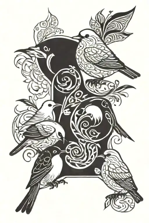 Mother And Father Bird Feeding 4 Baby Birds