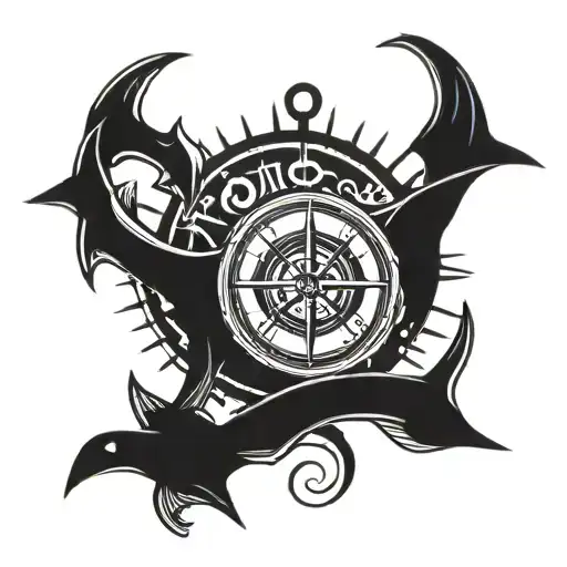 Compass Pocket Watch Anchor Swallow And Mountains