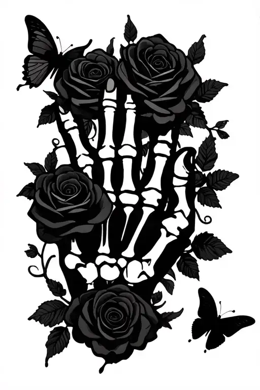 Half A Skeleton Hand With Roses And Butterflies Around It