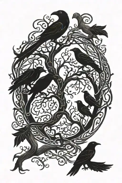 Tree Of Life Intertwined With Ravens Huginn And Muninn
