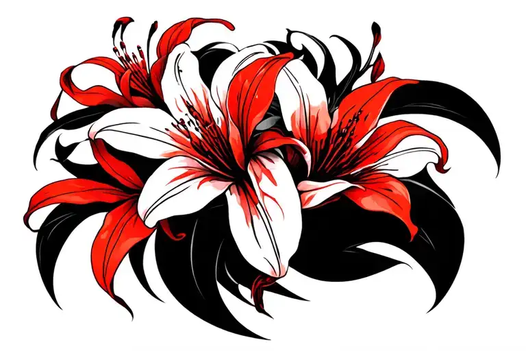 Neo-trible Tattoo With Red Spider Lilies On The Shoulder