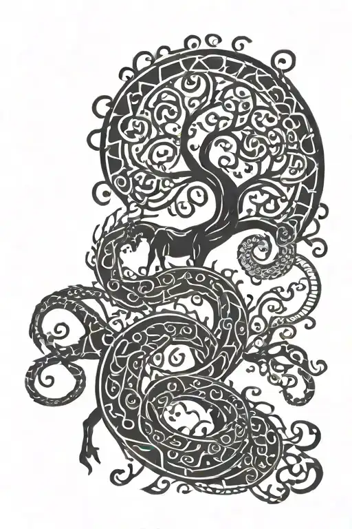 Horse With Eight Legs And Giant Serpent World Tree For Back