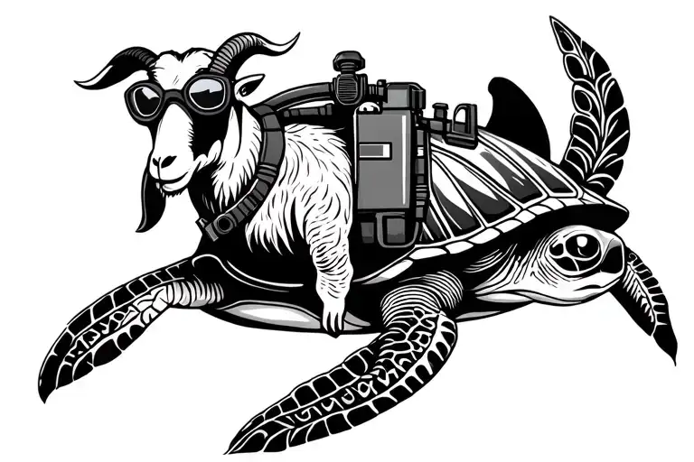 Goat Wearing A Scuba Tank And Goggles Standing On The Back Of A Sea Turtle