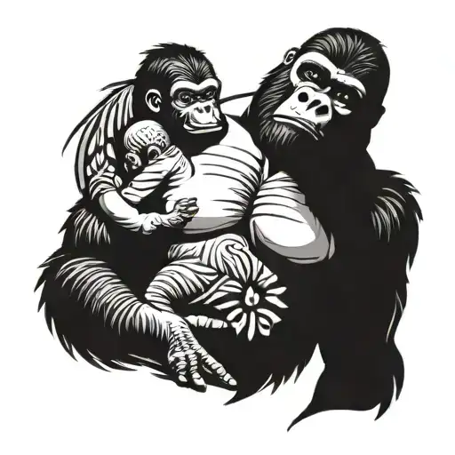 Gorilla With On Baby On His Shoulder And The Other Swinging From His Hand