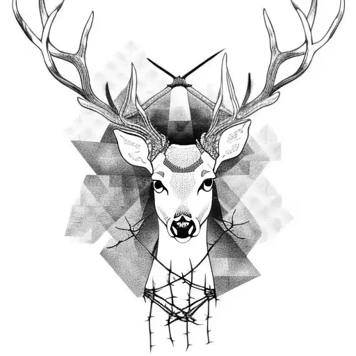 A Blackwork Tattoo Of A Deer With Barbed Wire Wrapped Around Its Antlers