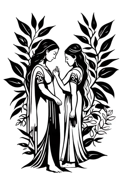 Mother And Child Holding Hands Surrounded By Leaves