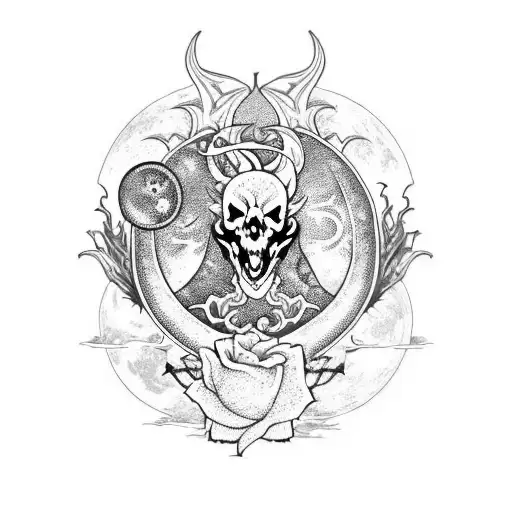 Dragon With Skull And Moon And Roses