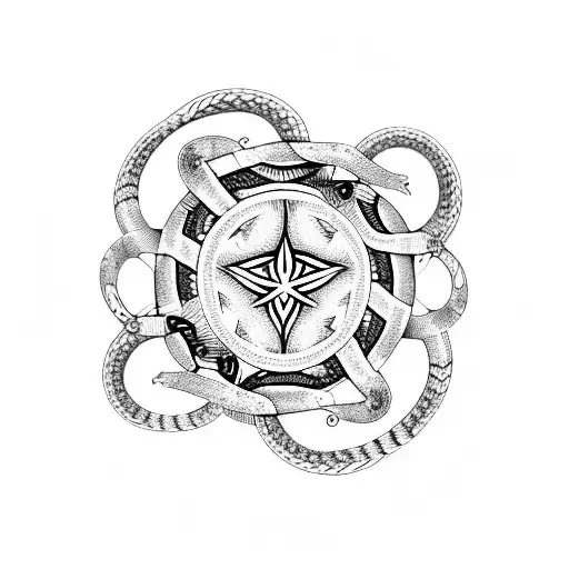 Seven Snakes In A Circle With A Pentagram As A Center