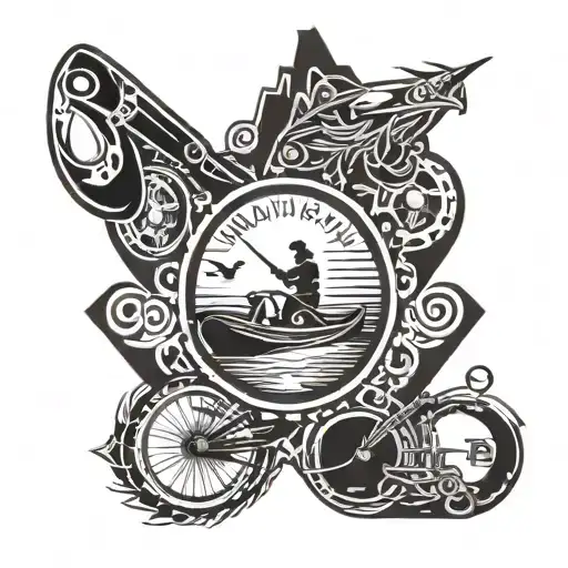 Half Circle Tattoo With Fishing And Canoeing On The Top And Dirt Bikes And Pistons At The Bottom