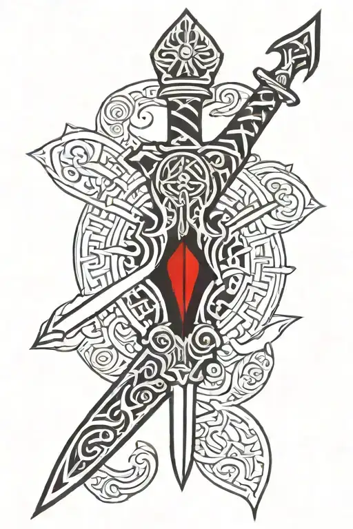 Long Kings Sword Facing Down With A Red Ruby Inlay In The Centre Of The Sword Hilt
