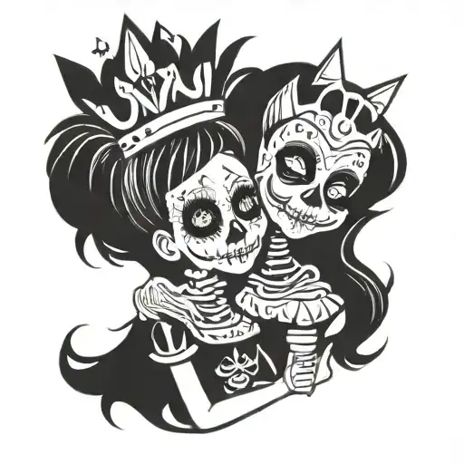 Cartoon Skeleton Holding A Girl With Clown Makeup And A Princess Crown