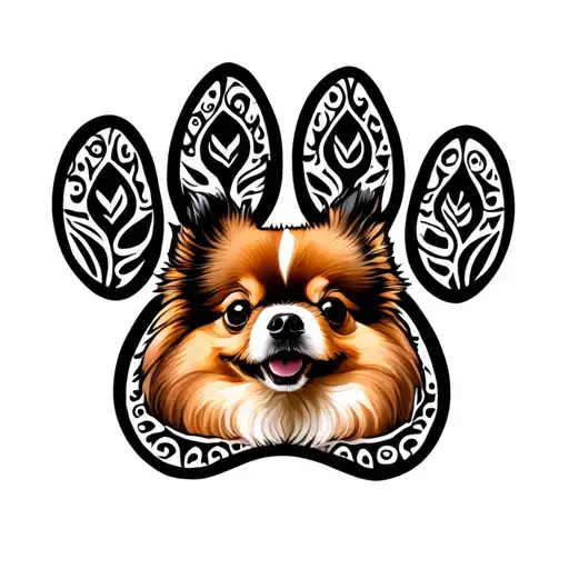 Pomeranian Face In A Dog Paw Print Inside