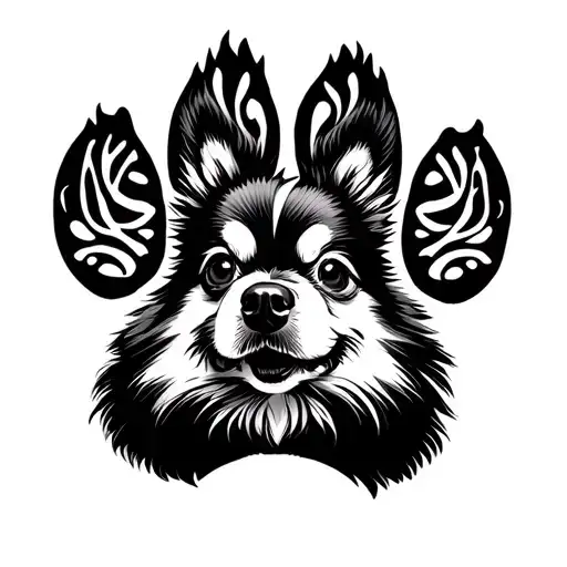 Pomeranian Face In A Dog Paw Print Inside