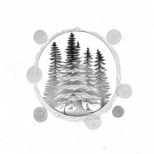 Fir Tree Surrounded By Circles With A Landscape Behind