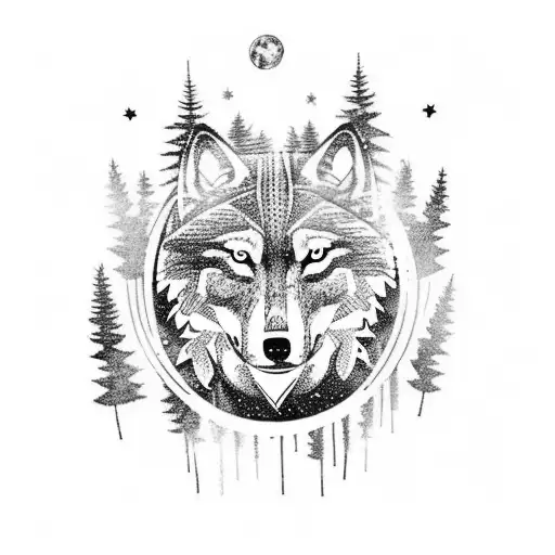 A Mystical Forest Scene With A Wolf Leading The Way Through The Trees