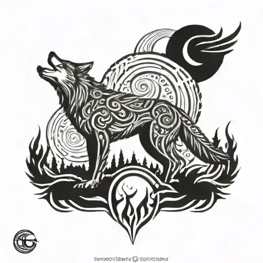 Wolf And A Dove With Moon In The Sky