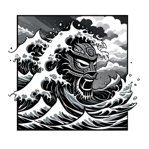 I Want A Knee Tattoo With A Wave Of Water Coming Out Of A Samurai Mask