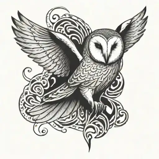 Barn Owl With Both Wings Spread In A Patterned Background