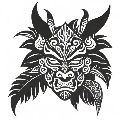 Traditional Hawaiian Tribal With Oni Mask