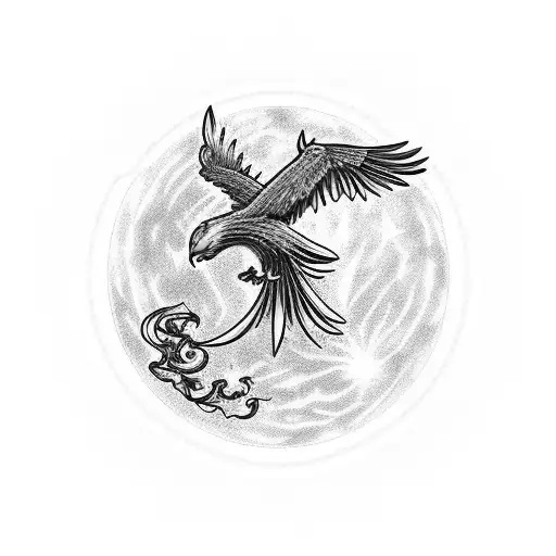 Phoenix Flying Up Towards Bright Shining Full Moon