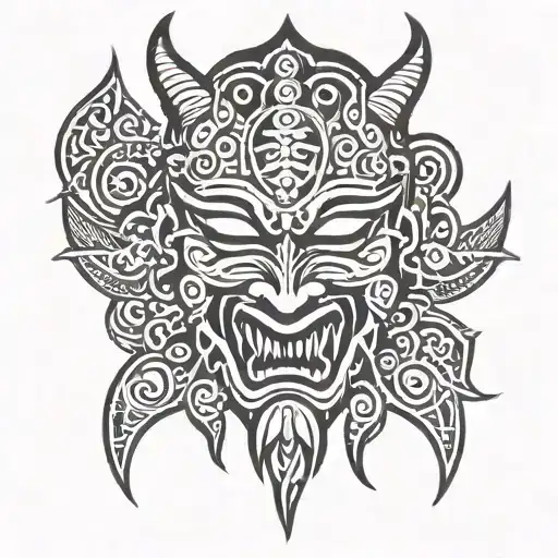 Hawaiian Tribal With Oni Mask