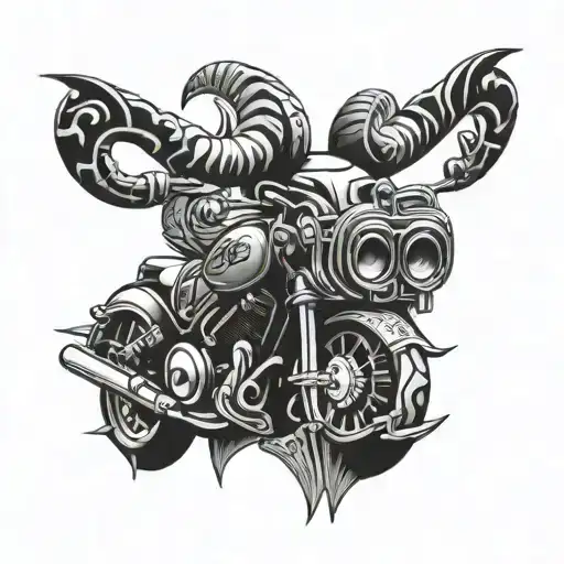 3D Tattoo Design For Aries Who Loves Motorcycles And Food