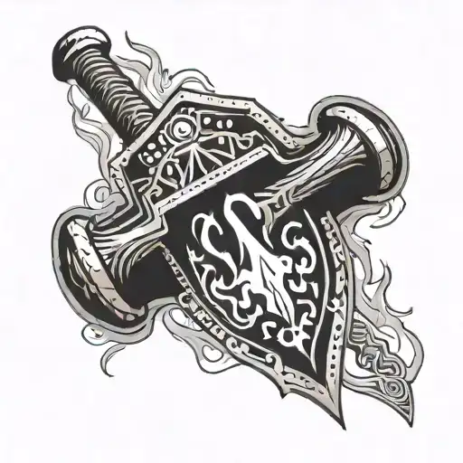 A Hammer And Shield Engulfed In Flames In Front Of A Mountain