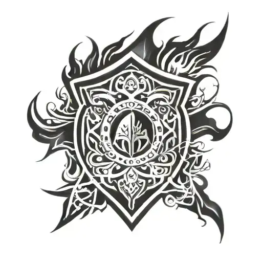 A Shield Engulfed In Flames Adorned With A Mountain