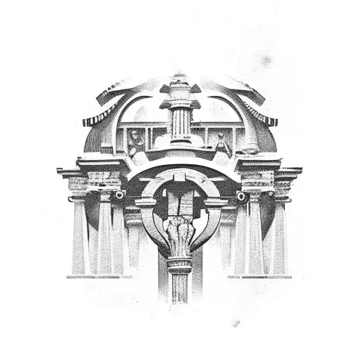 A Tattoo Design Featuring A Greek Or Roman Architectural Element With A Philosophical Quote