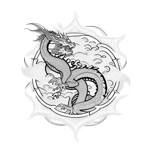 Dragon Style Pisces With Sea Waves In The Background And Fire At The Outer Boundary