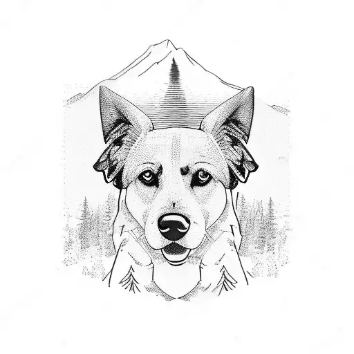 4 Peaked Mountain View From Far With Dry Trees And A Small Golden Retriever On Top