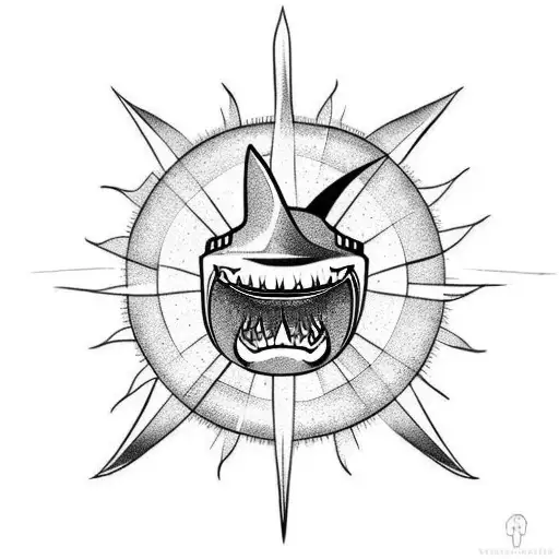 A Sun With Shark Fins Instead Of Sunbeam On The Shoulder